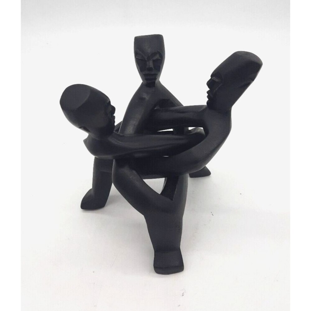 Vintage Black Hand Carved Wooden African Trio Of Men Circle Of Unity Sculpture